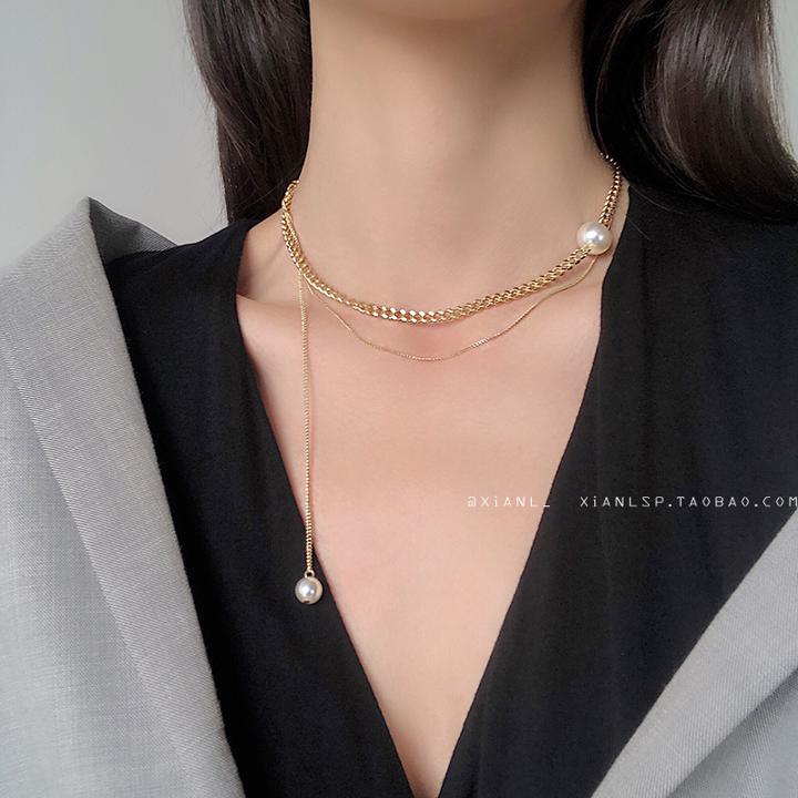 クラビクルパールチェーンネックレス パールネックレス タンクチェーン アクセサリー necklace a2176