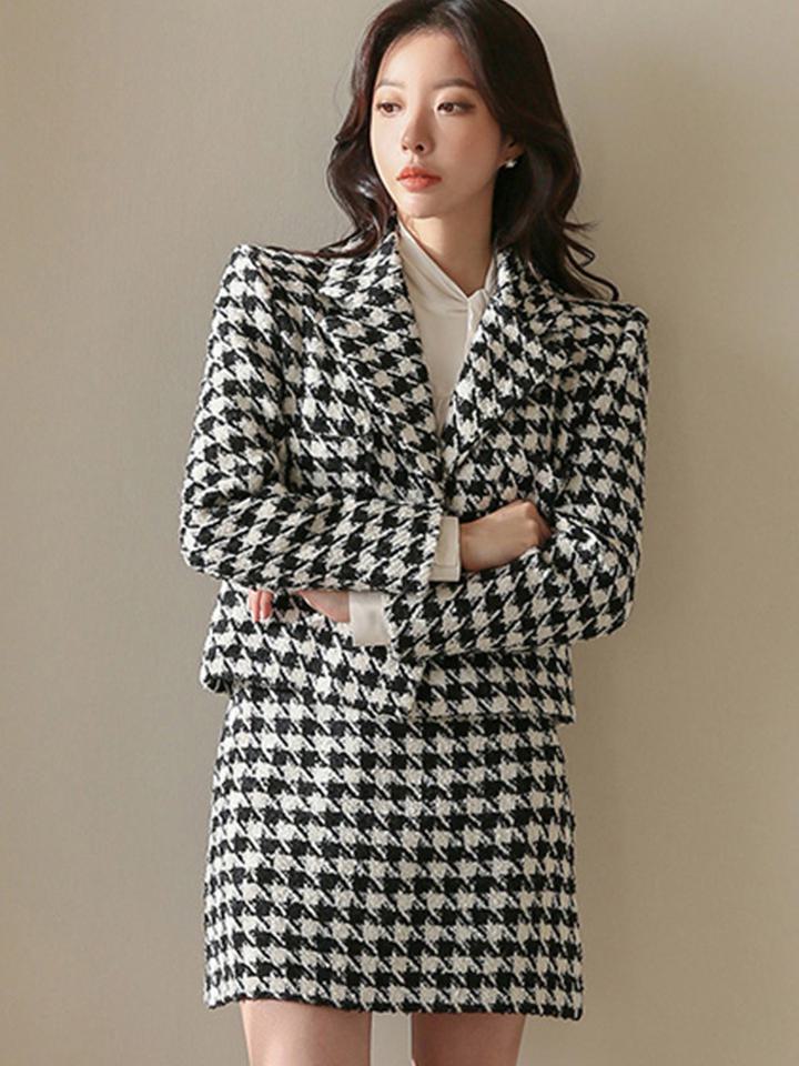 【セットアップ】千鳥格子 ショートウールコート＋ハイウエストスカート スーツスカート ツーピース 秋冬 韓国 オルチャン a2227