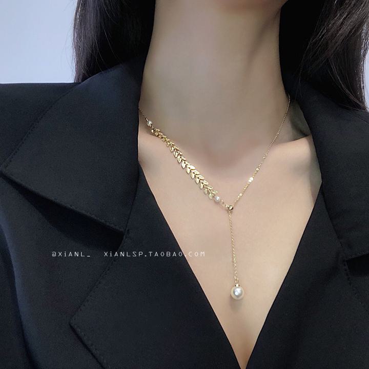 Rhinestone - ゴールドパールネックレス パールウィートイヤーネックレス ニッチデザイン クラビクルチェーン necklace a2255
