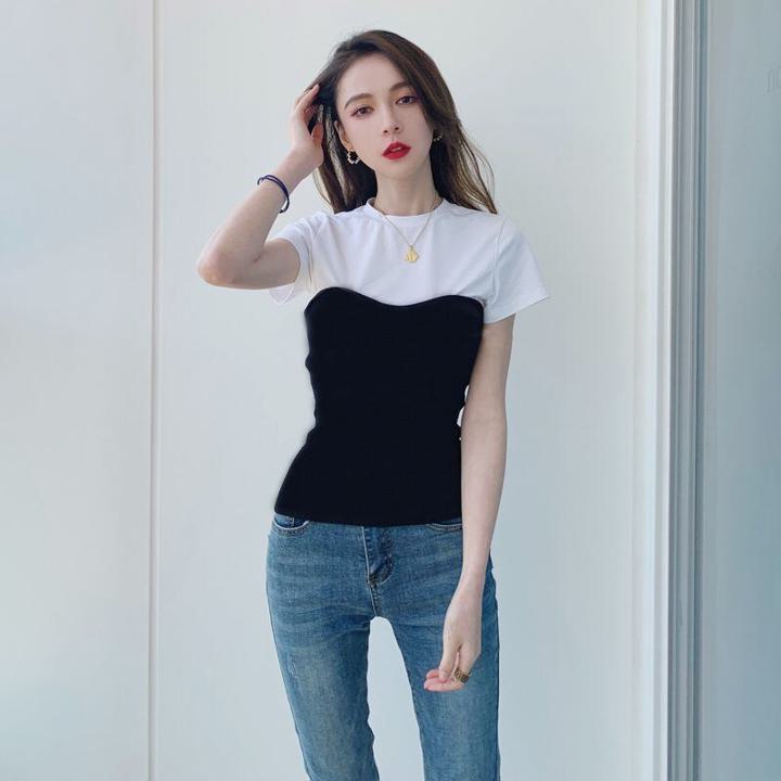 Rakuten - フェイクツーピース 半袖Tシャツ ラウンドネック コントラストカラー バイカラー ブラック×ホワイト 韓国 a2275