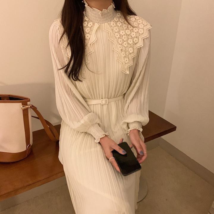 Rakuten - レースフレンチワンピース スタンドアップカラー プリーツロングスカート ハイウエスト 韓国 エレガント a2439