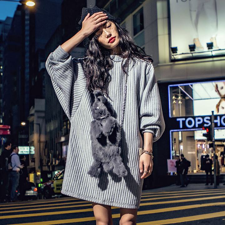 縦縞プルオーバーワンピース ミドル丈 ワンピース ルーズ ラウンドネック バットスリーブ ストリート系 2カラー a2577