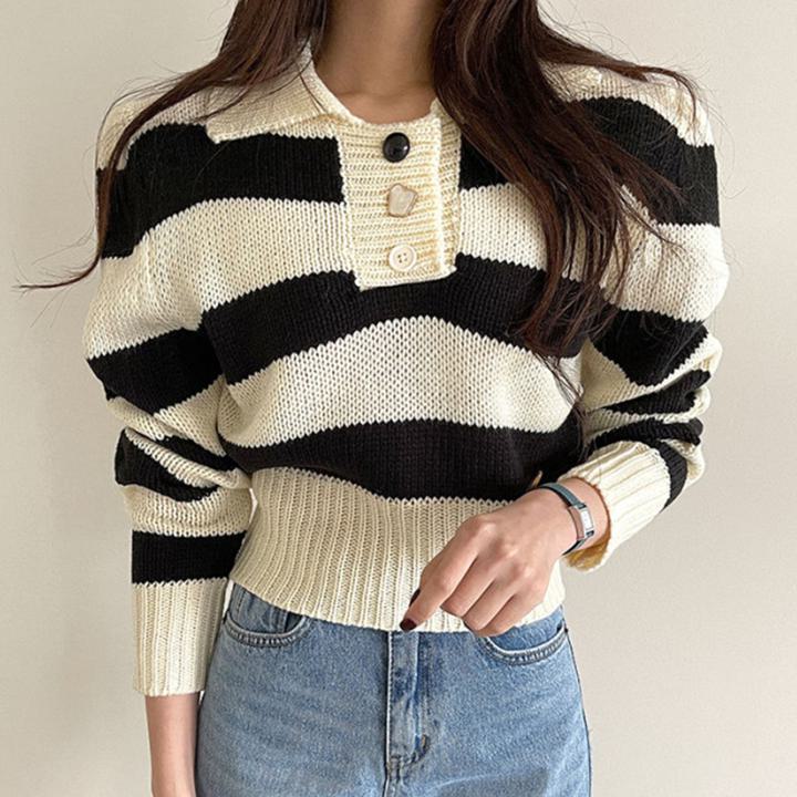 Long-Sleeved Knit - ストライプ長袖ニットセーター ボタンデザイン ポロカラー ルーズ ニットセーター 韓国 シック 2カラー a2638