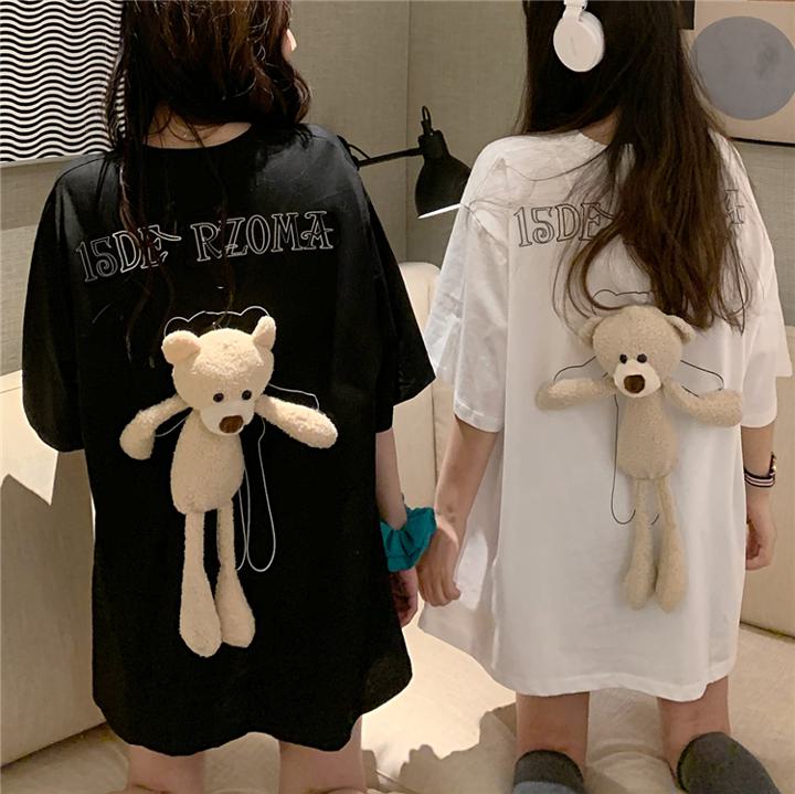 乐天商城 - ベア半袖Tシャツ クマ 半袖Tシャツ トップス ルーズ Tシャツ ラウンドネック 韓国 オルチャン 3カラー a2949
