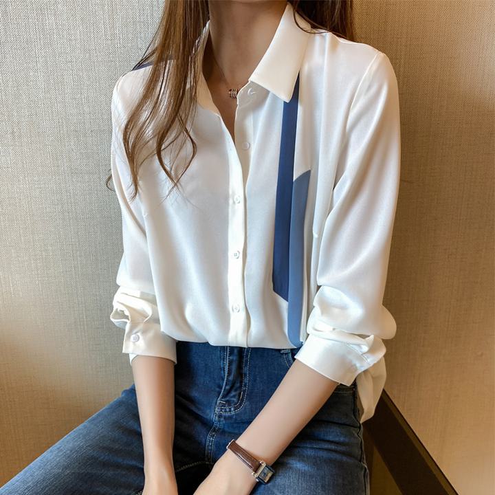 Rakuten - ブルーラインシャツ ブラウス レディース 長袖 シャツ オフィス 春服 20代 30代 40代 トップス シフォンシャツ きれいめ おしゃれ 大きいサイズ 着痩せ 韓国風 a3049