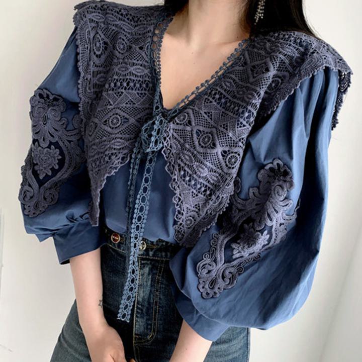 Long-Sleeved - ビックカラー 刺繍レースブラウス パフスリーブ シャツ ルーズ ブラウス 韓国 長袖 3カラー a3310