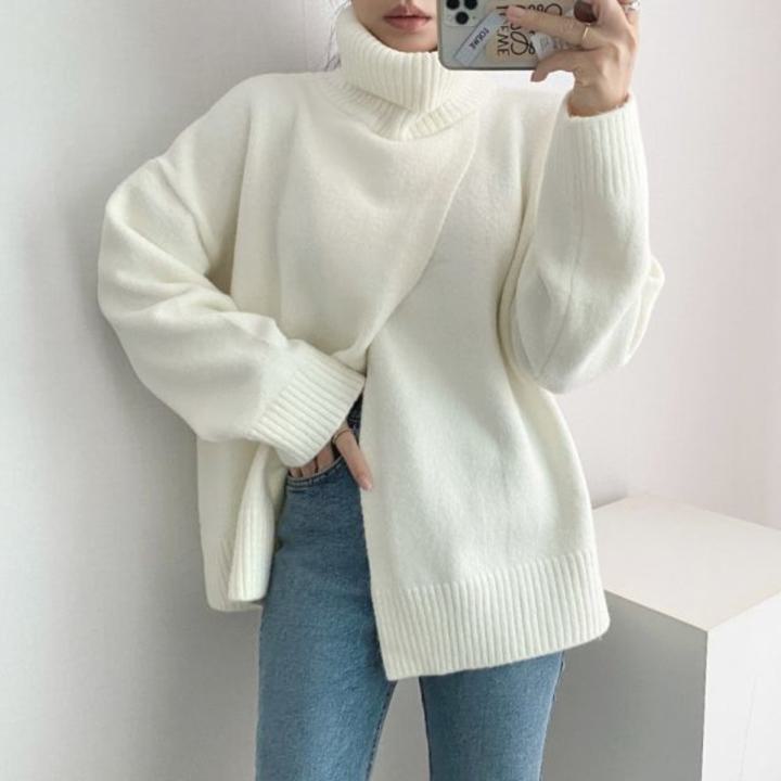 Turtleneck - ハイネックセーター スプリットセーター ニット セーター 長袖セーター ルーズ 韓国 秋 冬 3カラー a3359