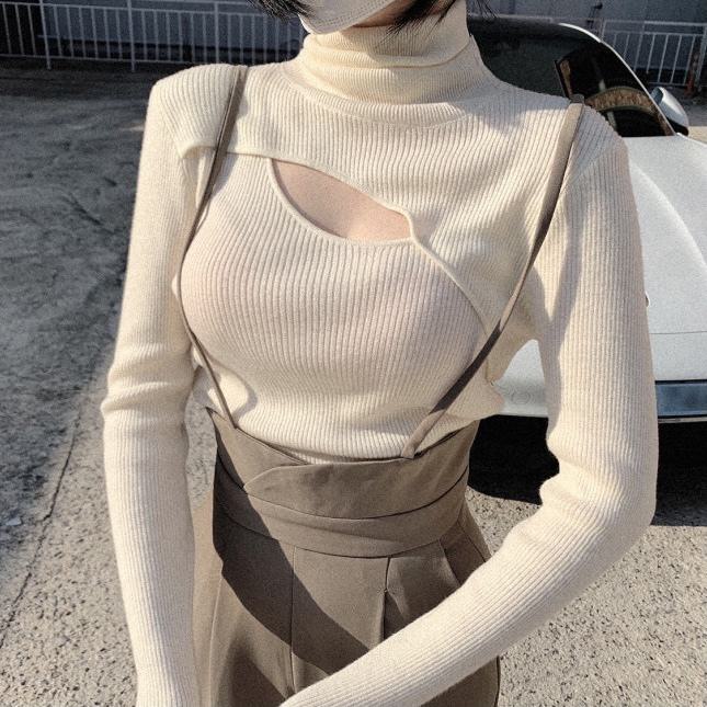 胸元スリットハイネックセーター 長袖 ボトミングトップス リブニット セーター ニット 秋冬 韓国 a3364