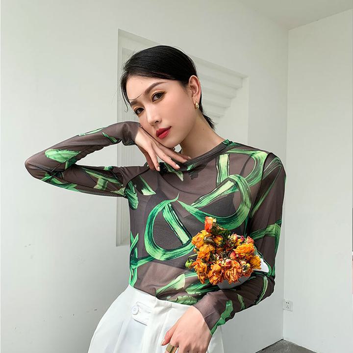 Rakuten - ボトミングシャツ シースルー 長袖シャツ レディース Tシャツ スリミング トップス ラウンドネック 2カラー a3406