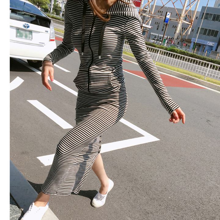 【セットアップ】フード付き パーカー＋ロングスカート ストライプ カジュアルスポーツ スーツ. ツーピース a3524