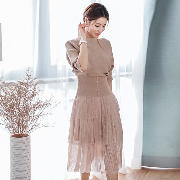 【セットアップ】ティアードスカート＋パフスリーブセーター 2ピース 3カラー b465