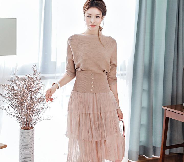 【セットアップ】ティアードスカート＋パフスリーブセーター 2ピース 3カラー b465