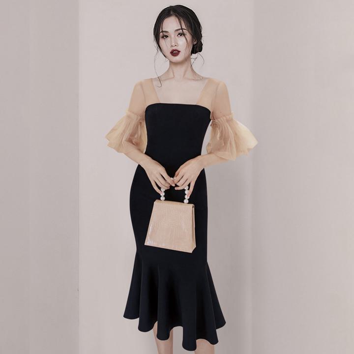 머메이드 프릴 레이스 전환 미디 원피스 드레스 b416