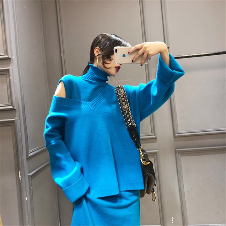日本未発売【セットアップ】ハイネック ノースリーブニットワンピース+Vネックセーター. ニットアップ ツーピース. ニット セーター ニットワンピ a3857