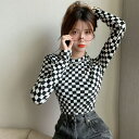 チェッカーボード柄 ボトミングシャツ ショート丈 インナーTシャツ 長袖Tシャツ インナーシャツ a3595(4)