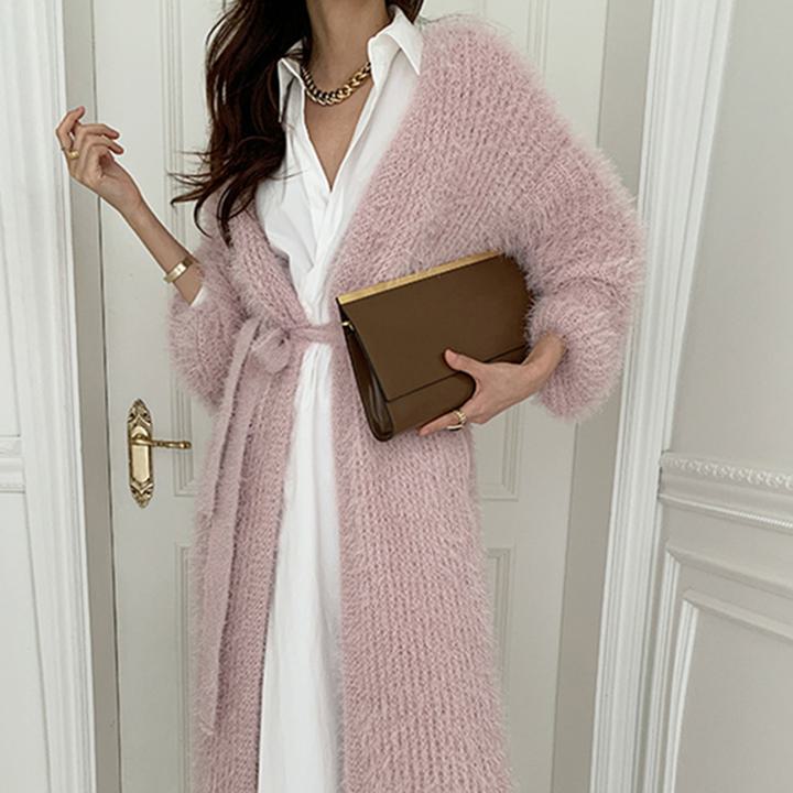 カーディガンジャケットセーター ウエストタイ カーディガン ジャケット シャギーファー 長袖 かわいい セーター. ニット 韓国 4カラー a3624