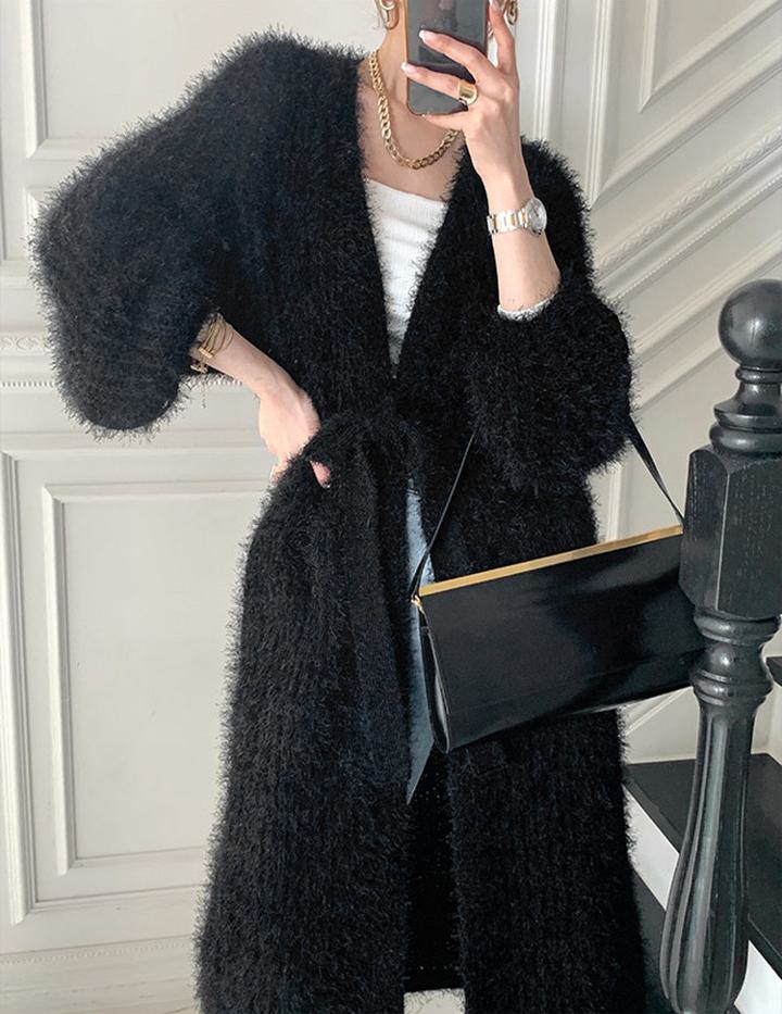 カーディガンジャケットセーター ウエストタイ カーディガン ジャケット シャギーファー 長袖 かわいい セーター. ニット 韓国 4カラー a3624