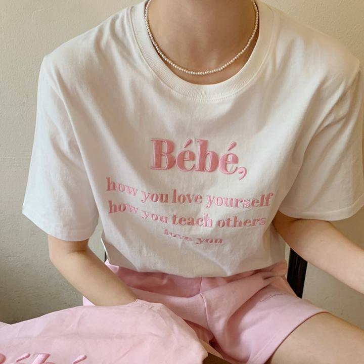 Rakuten - 【ig大人気】Bebeロゴ刺繍 半袖Tシャツ ラウンドネック プルオーバー 半袖 Tシャツ トップス 韓国 刺繍 ロゴ 4カラー a3666