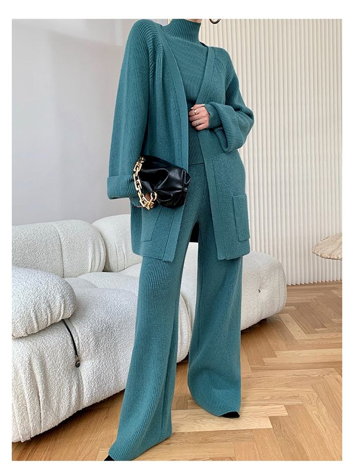 【3点セット】リブニットセーター＋ニットパンツ＋ワイドカーディガン スリーピース ニットアップ リブニット セットアップ レディース カジュアル. 秋冬 4カラー a3734