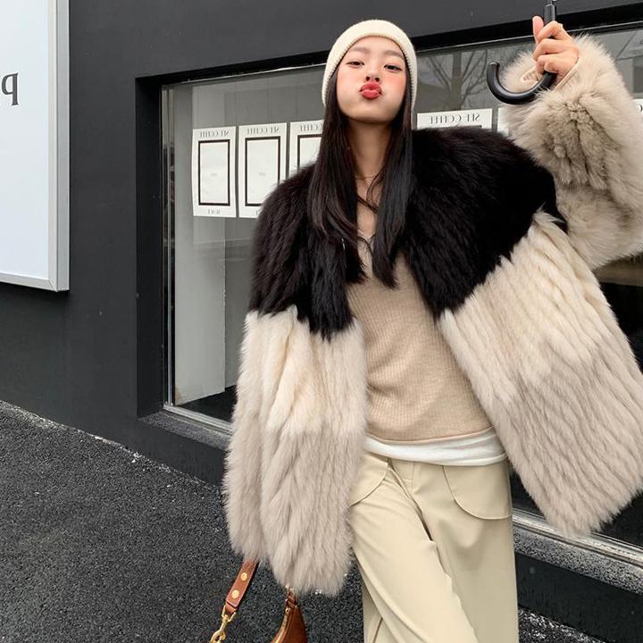 Rakuten - トリコロールカラー エコファーコート ファーコート 毛皮 ファージャケット ファー コート ジャケット アウター イミテーション 冬 a4161