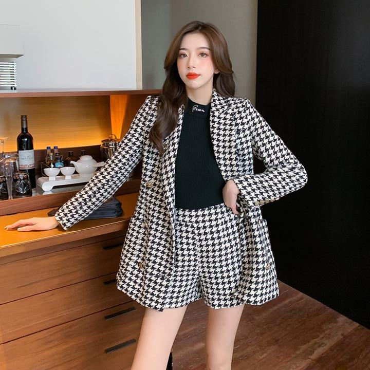 【セットアップ】千鳥格子 ジャケット+ショートパンツ ツーピース スーツ お仕事コーデ a3836