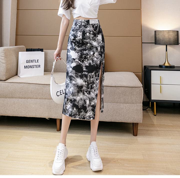 Tie-dye midi skirt with slit, high waist, retro A-line slit skirt, bottoms, spring/summer, women's a3992