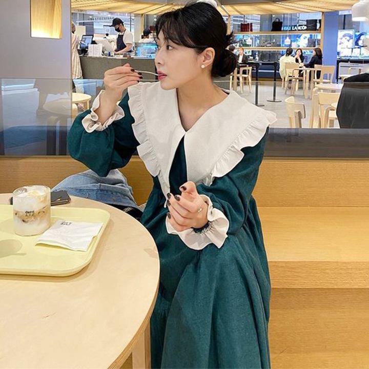 Rakuten - ビッグフリルカラー ロングワンピース フリルワンピース 長袖ワンピース ワンピース ドレス ルーズ パフスリーブ フレンチ レディース 2カラー a3994