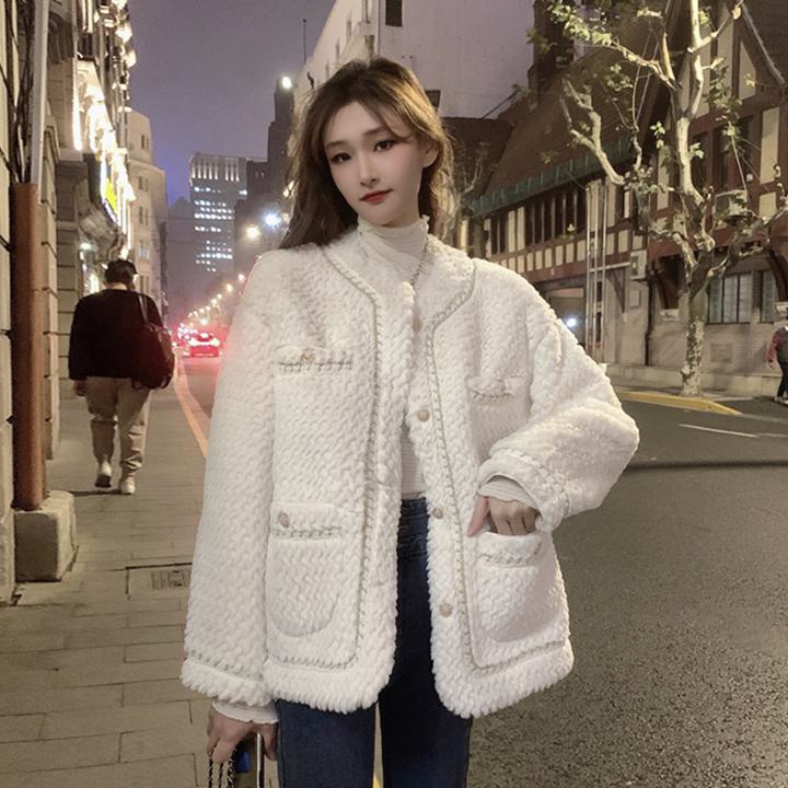 Wool - ノーカラージャケット ふわふわ ラムウール ジャケット カーディガン コート アウター レディース オフィスコーデ ママコーデ 2カラー a4053