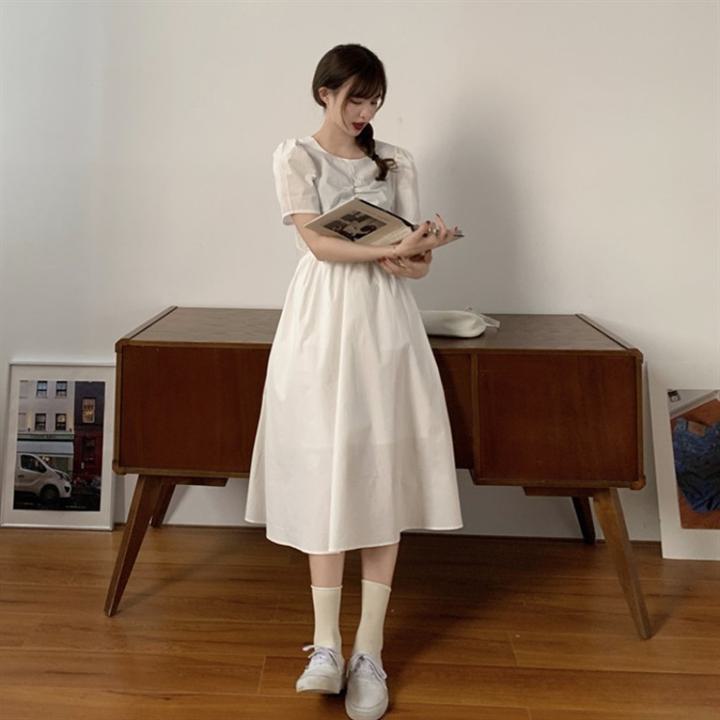 バックリボンワンピース バックレス ワンピース ドレス 半袖 フレンチ パフスリーブ レディース 大きいサイズあり ガーリー. デート かわいい 韓国 オルチャン お出掛け 3カラー a4064