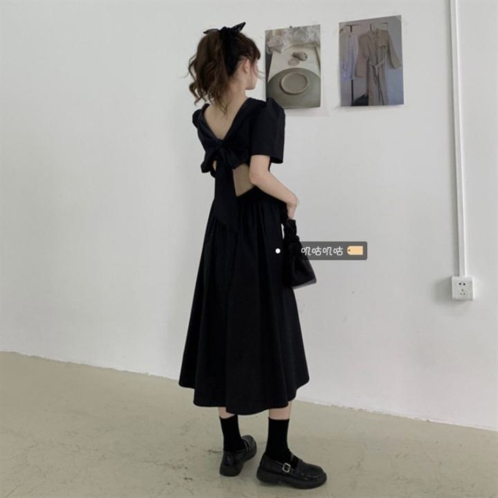 バックリボンワンピース バックレス ワンピース ドレス 半袖 フレンチ パフスリーブ レディース 大きいサイズあり ガーリー. デート かわいい 韓国 オルチャン お出掛け 3カラー a4064