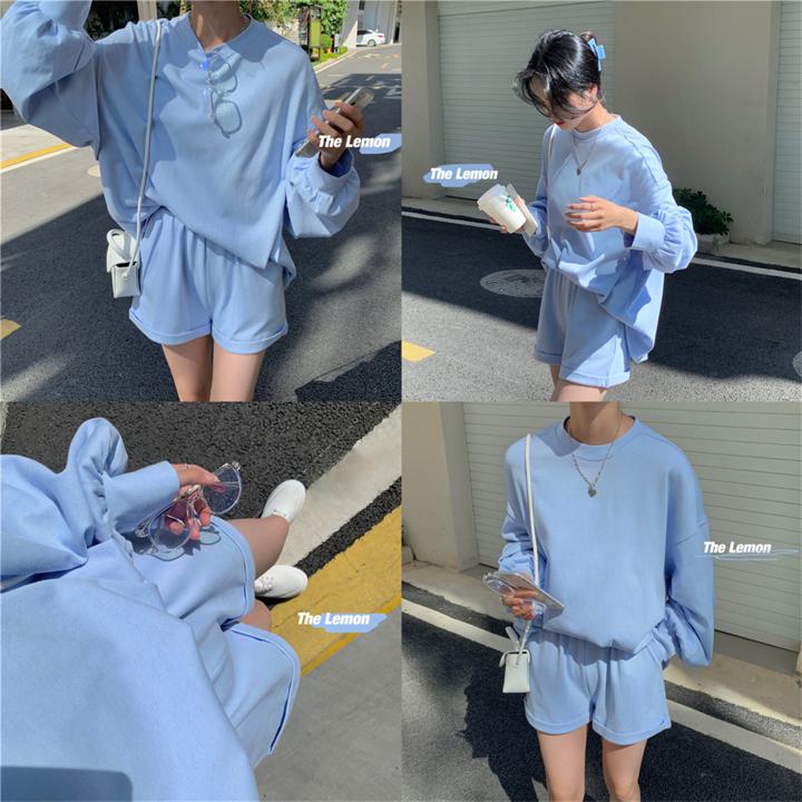 msclosetの【セットアップ】長袖Tシャツ＋ショーツパンツ popカラー スエット 上下セット ツーピース スポーティー 2点セット レディース 韓国 ファッション パステル 4カラー a4087｜アングル2