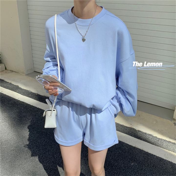 msclosetの【セットアップ】長袖Tシャツ＋ショーツパンツ popカラー スエット 上下セット ツーピース スポーティー 2点セット レディース 韓国 ファッション パステル 4カラー a4087｜アングル3