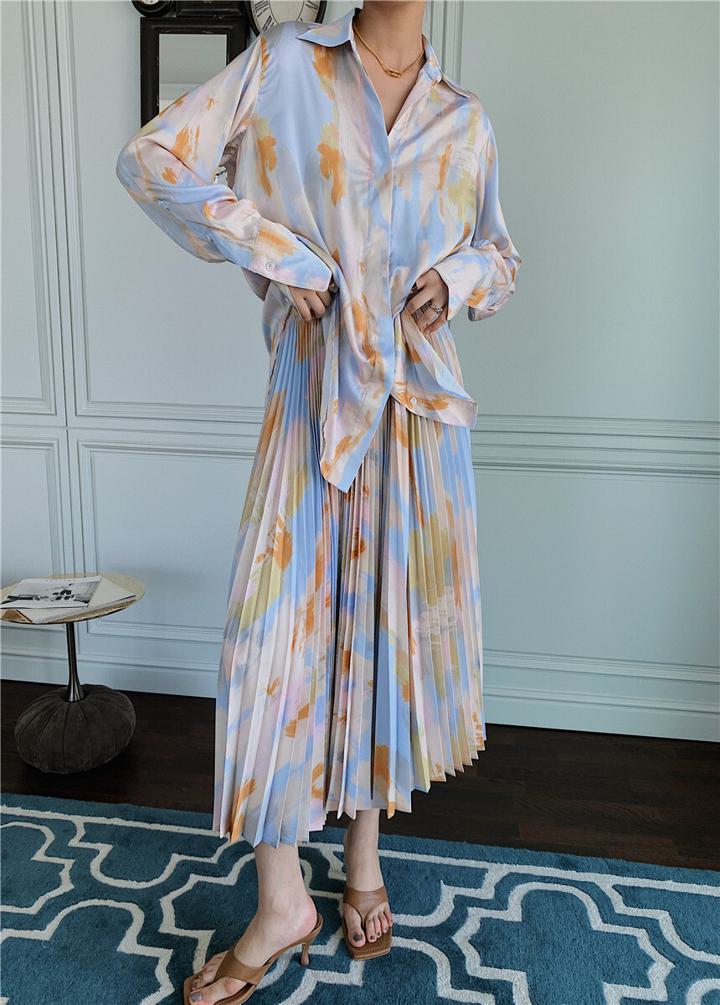 【セットアップ】スマッジプリント プリーツスカート＋長袖シャツ ツーピース ワンピース プリーツフレアスカート シャツ ブラウス a4205