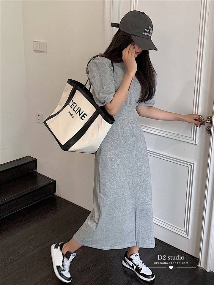 パフスリーブワンピース 半袖ワンピース パフスリーブ ワンピース Tシャツワンピ ハイウエスト オルチャン 韓国 ロング丈 ウエストシャーリング カジュアル デート 大人 リゾート 3カラー a4226