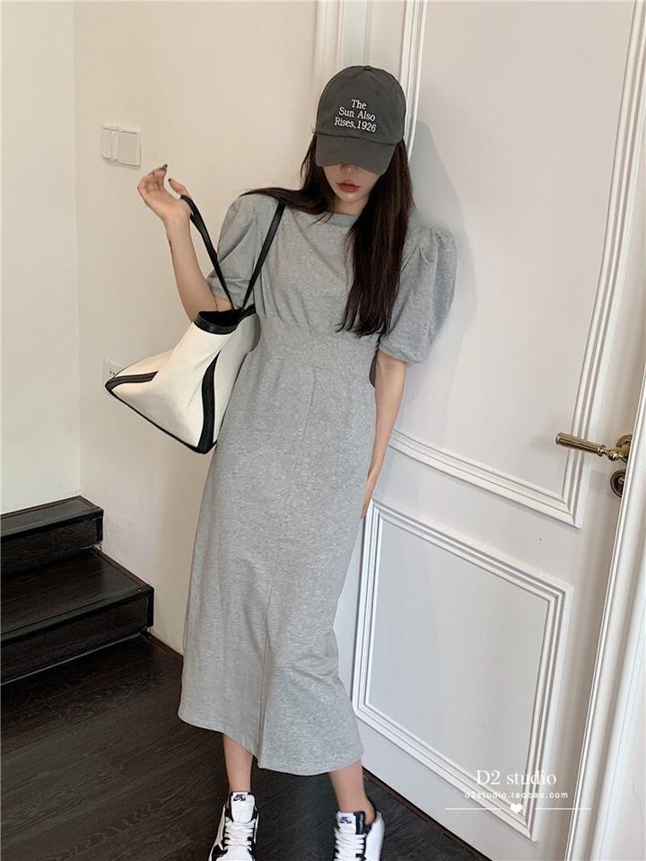 パフスリーブワンピース 半袖ワンピース パフスリーブ ワンピース Tシャツワンピ ハイウエスト オルチャン 韓国 ロング丈 ウエストシャーリング カジュアル デート 大人 リゾート 3カラー a4226