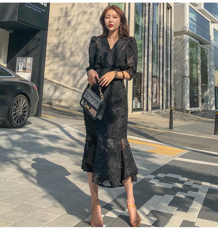 マーメイドフラワーレースワンピース ワンピース ドレス ミモレ丈 マーメイド カシュクール パフスリーブ C56