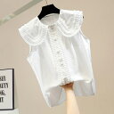 プリーツノースリーブシャツ ノースリーブブラウス フリル襟 くるみボタン ノースリーブ シャツ ブラウス レディース ママコーデ お仕事コーデ オフィス 春 夏 秋 C95(4)