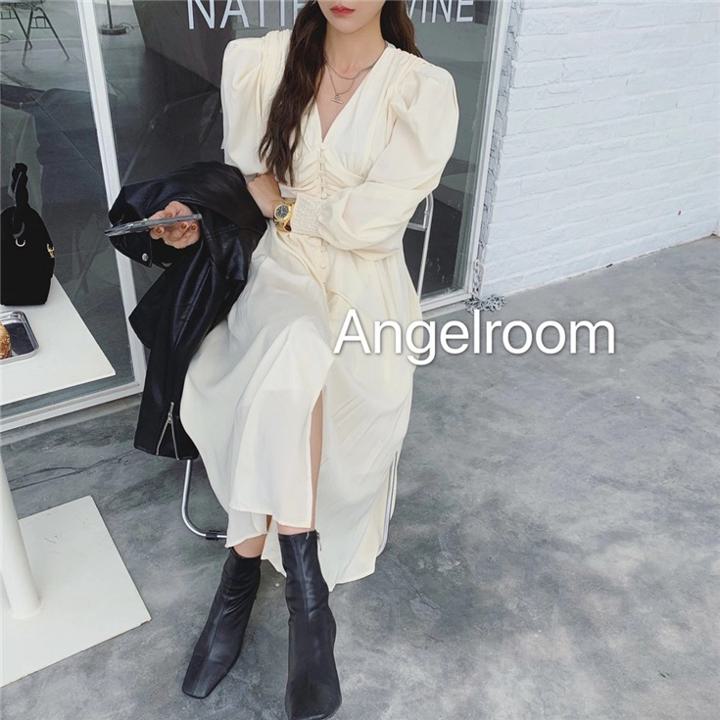 Vネックフレンチワンピース パフスリーブ ロングワンピース シフォンワンピース スリムウエスト ワンピース ドレス 長袖ワンピース フレンチ 大人綺麗 パーティー お呼ばれコーデ デートコーデ オフィスコーデ. レディース C113