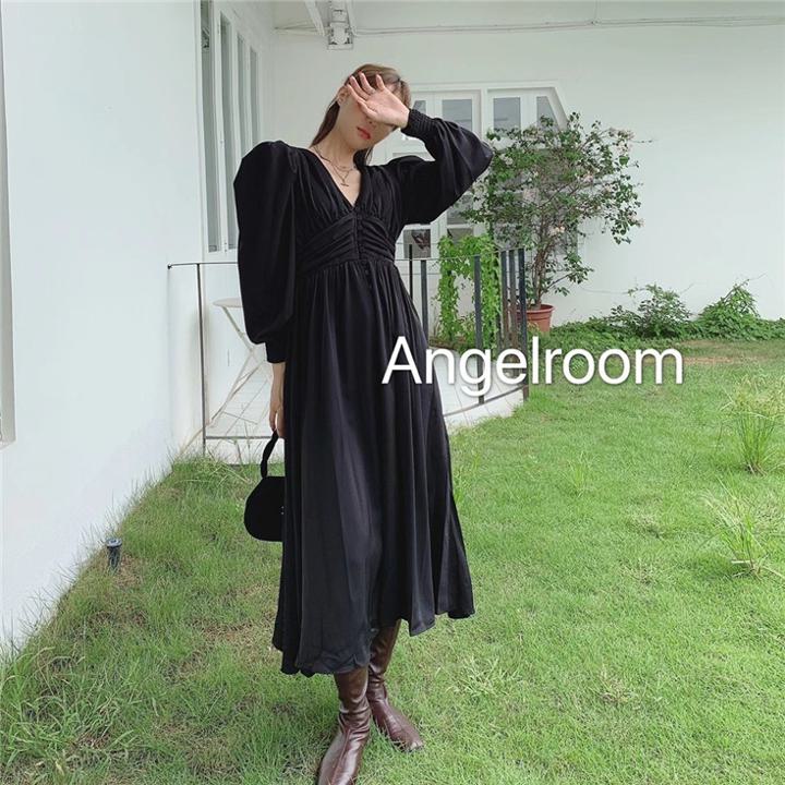 Vネックフレンチワンピース パフスリーブ ロングワンピース シフォンワンピース スリムウエスト ワンピース ドレス 長袖ワンピース フレンチ 大人綺麗 パーティー お呼ばれコーデ デートコーデ オフィスコーデ. レディース C113