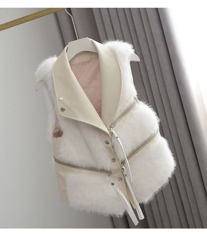 異素材MIXファージレ ジャケット アウター ベスト ジレ ファー もこもこ カジュアル ファスナー puレザー レディース 可愛い オフィスコーデ. ママコーデ 6カラー.C233