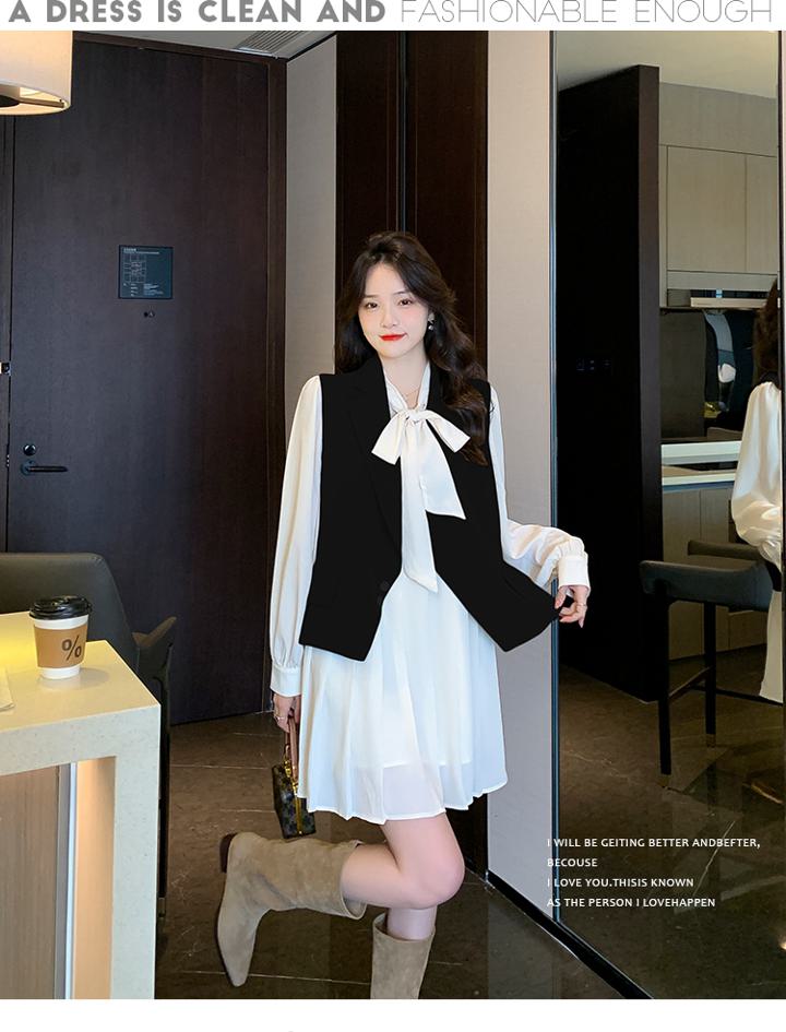 【セット】シフォンワンピース＋ジレ ツーピース set up 2点セット ワンピース スーツカラーベスト ジレ レディース 通勤 ママコーデ オフィスコーデ シック 無地 D8