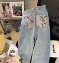 チューリップポケットデニムパンツ レトロフラワー ハイウエスト ジーンズ レディース 春秋 ゆったり ストリート 薄手 ストレートジーンズ デニム ジーンズ トレンド C222
