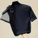 Oネック リボン付き シースルー ニットTシャツ メッシュ半袖シャツ オルチャンファッション A1743(4)