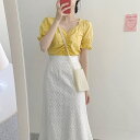 【セットアップ】トップス+フラワースカート ハイウエスト Aラインスカート パフスリーブ ブラウス b522