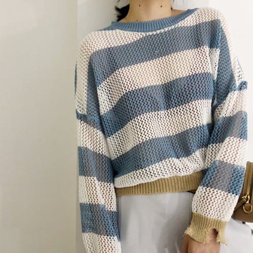 ストライプ ニット セーター ルーズ プルオーバーカジュアル A1804