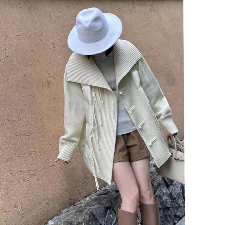 異素材MIXダウンジャケット ニットステッチ タッセルバックル ダウンジャケット ホワイトダックダウン ダウンコート ジャケット コート アウター レディース ルーズ モード系 大人上品 カジュアル D322 2