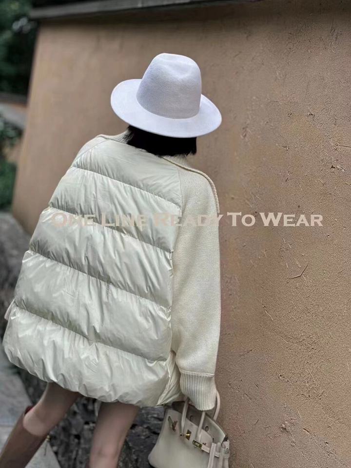 異素材MIXダウンジャケット ニットステッチ タッセルバックル ダウンジャケット ホワイトダックダウン ダウンコート ジャケット コート アウター レディース ルーズ モード系 大人上品 カジュアル D322 3