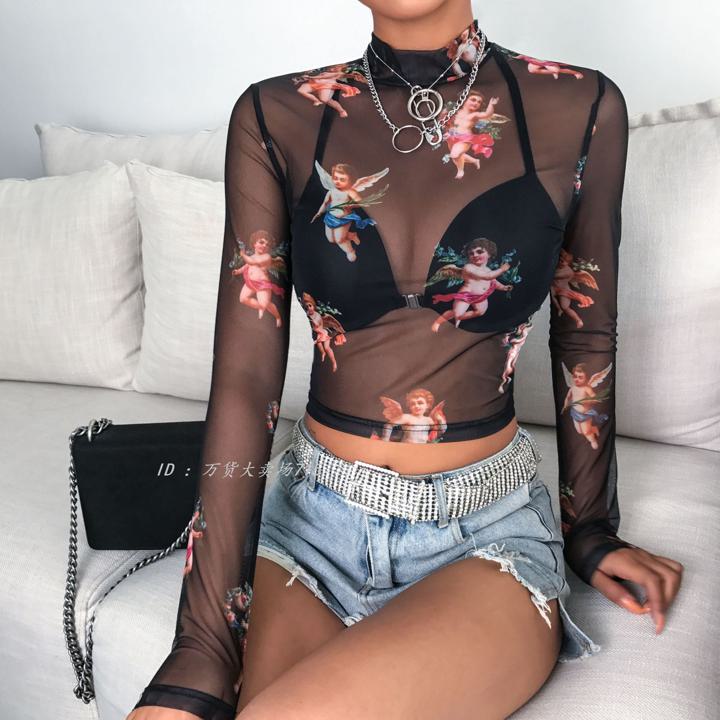 乐天商城 - セクシー かわいい 人気 定番 シースルー 透明 メッシュ トップス 長袖 半袖 薄手 スリム レディース 女性 tシャツ A345
