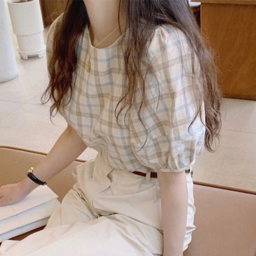 チェックバルーンスリーブトップス A2193