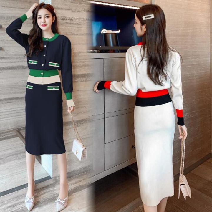【セットアップ】ニットカーディガン＋ニットスカート ミドル丈 ツーピース トリコロール a407
